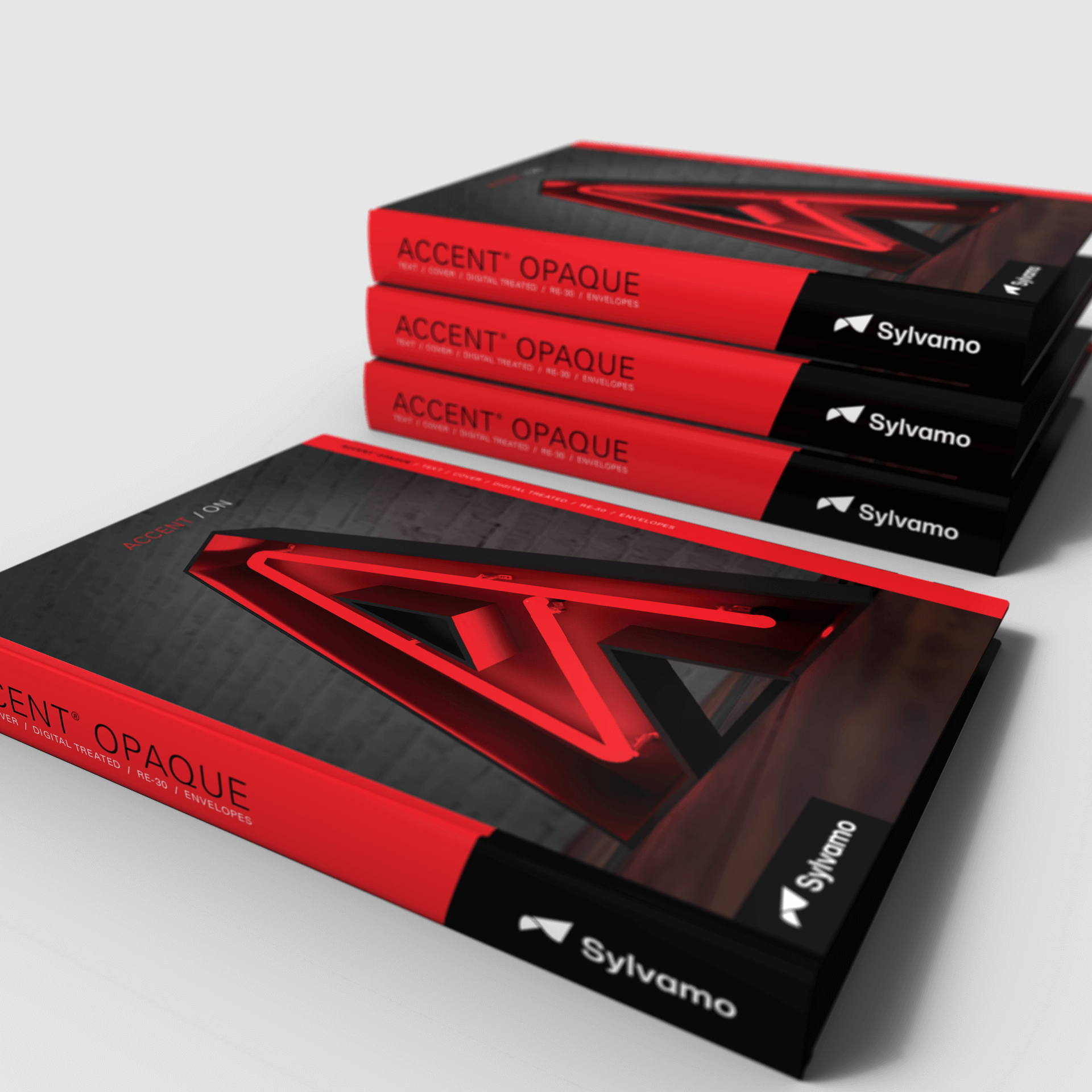 Stack of three Accent Opaque swatchbooks with one book laying flat in front of them